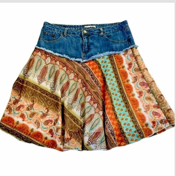 BOHO Mixed Media Denim Patchwork Midi Skirt Sz 11 by Star City #232A - Picture 5 of 7